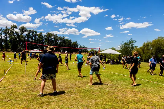 A game of volleyball in a sunny field
