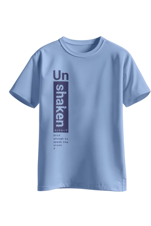 Light blue 2026 camp T-shirt printed with the vertical “Unshaken – Acts 7” design